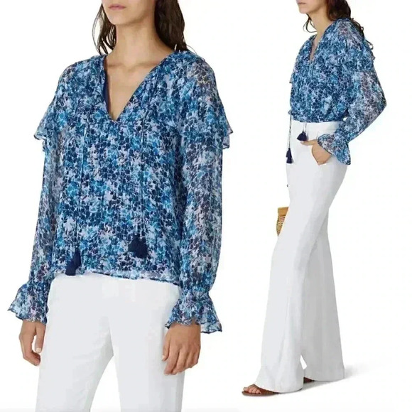 Ramy Brook Celeste Blouse Floral Printed Silk Metallic Bohemian Airy Ruffle - Picture 1 of 9